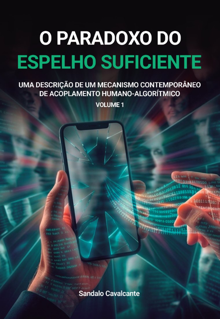 Cover of the book O Paradoxo do Espelho Suficiente: hands holding a phone with a cracked screen, surrounded by faces and streams of data